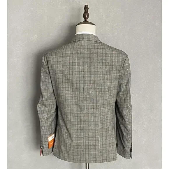 Tallia Men's 38 Short Suit Jacket Stretch Wool Blend Cream/Brown Plaid NEW